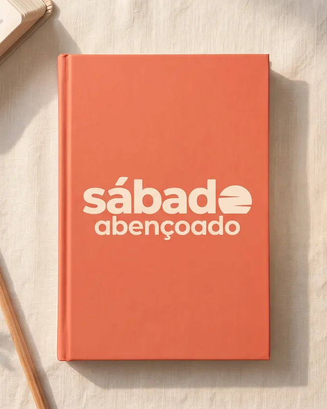 Caderno de capa coral com o logo em creme, sobre uma toalha de linho